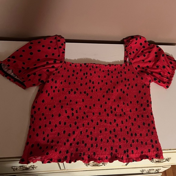 Puffed sleeved square neck smocked bodice red and navy polka dot top - Picture 6 of 6